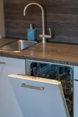 a kitchen counter with a sink and a dishwasher at Butukas dviems in Vilnius