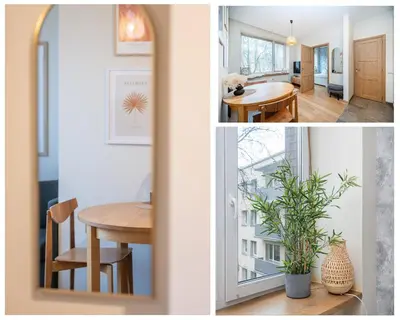 a collage of photos with a dining room and a dining table at Butukas dviems in Vilnius