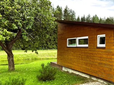 a small building with two windows next to a tree at Raimundėlio sodyba in Rokiškis