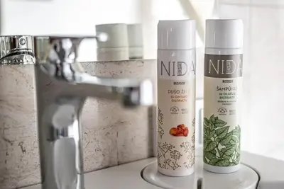 two bottles of nidiana products sitting on a sink at Studio apartment in Oldtown #F in Vilnius