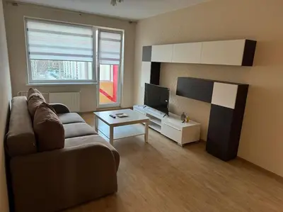 a living room with a couch and a tv at Spacious&cozy south apartment in Šiauliai