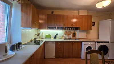 a kitchen with wooden cabinets and a washer and dryer at Kristi Apartments in Visaginas