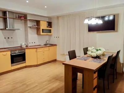 a kitchen and dining room with a table and chairs at Welcome apartment in Druskininkai