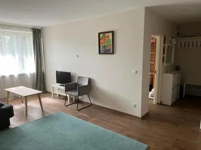 a living room with a chair and a table at Apartment 4 Palūšė in Palūšė