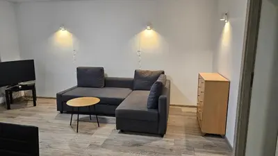 a living room with a couch and a table at Draugyste Apartment in Šiauliai