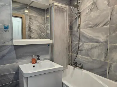 a bathroom with a sink and a shower and a tub at Draugyste Apartment in Šiauliai