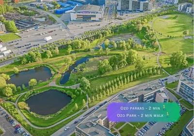 an overhead view of a park with two lakes at Apartment with a large balcony in Kontverki