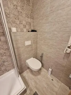 a bathroom with a toilet and a bath tub at Jaukus butas Pašilaičiuose in Vilnius
