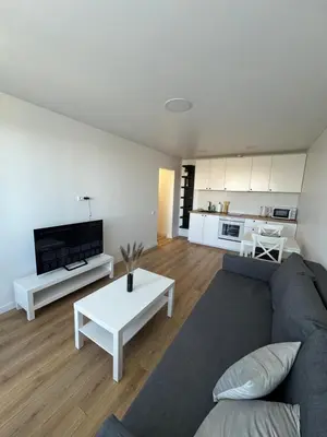 a living room with a couch and a table at Modern&bright southwest apartment in Šiauliai