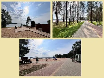 a collage of four pictures of a park with a playground at Family apartments in Visaginas