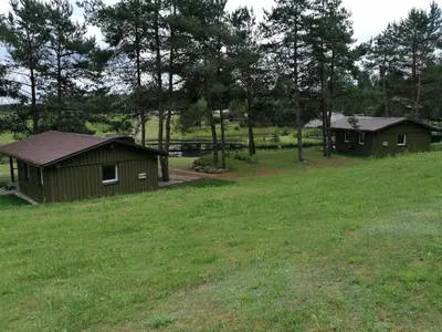 two green buildings in a field with trees at Jaučio apartamentai in Leliūnai