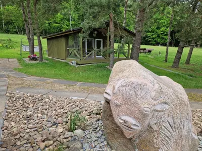 a statue of a bear head on a rock at Jaučio apartamentai in Leliūnai
