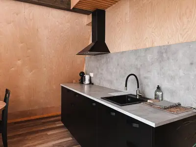a kitchen with a sink and a counter top at Mulberynas in Stakliškės