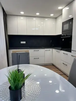 a kitchen with a table with a potted plant on it at Jaukūs , modernūs apartamentai in Raseiniai