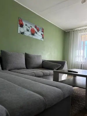 a living room with a couch and a table at ROŽĖS BUTAS Apartment in Raseiniai