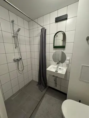 a bathroom with a shower and a sink at Charming & Central City Escape - Close to Transport in Vilnius