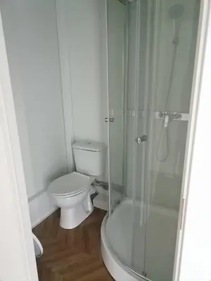 a bathroom with a toilet and a glass shower at Pas Alksnius in Šiaudinė