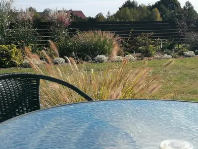 a table and chairs in a garden with tall grass at Pas Alksnius in Šiaudinė