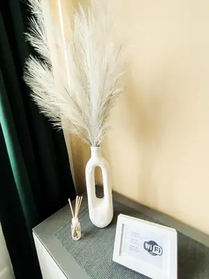 a white vase with feathers in it on a table at Cozy A Noko Apartment in Murava