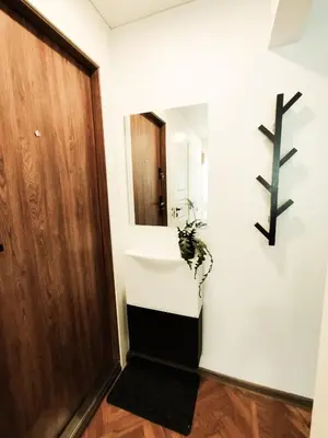 a bathroom with a sink and a wooden door at Cozy A Noko Apartment in Murava