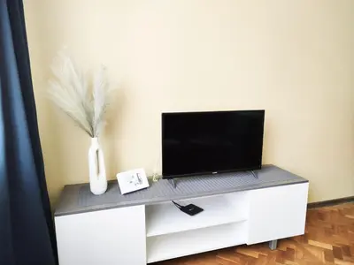 a tv on a white cabinet with a vase on it at Cozy A Noko Apartment in Murava