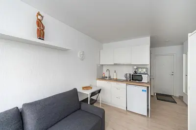 a living room with a couch and a kitchen at Pramones apartment #1 by PoloApartments in Kaunas