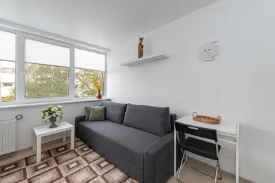 a living room with a couch and a table at Pramones apartment #1 by PoloApartments in Kaunas