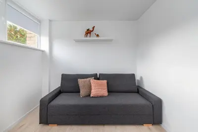 a couch in a room with a cat on a shelf at Pramonės Apartment #5 by PoloApartments in Kaunas