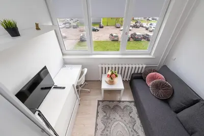 a living room with a couch and a large window at Pramonės Apartment #9 by PoloApartments in Kaunas