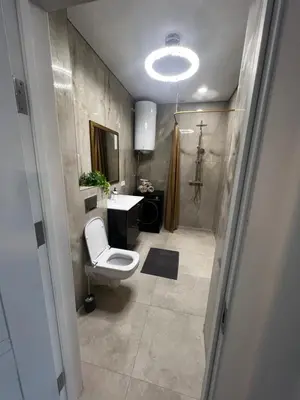 a bathroom with a toilet and a sink and a shower at Chic Residence apartament 3 in Šiauliai