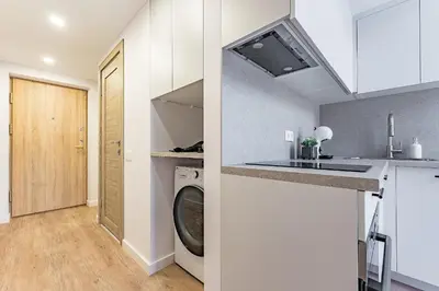 a kitchen with a sink and a washing machine at Loft G57 in Vilnius