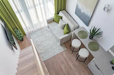 an overhead view of a living room with a couch at Loft G57 in Vilnius