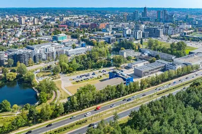 an aerial view of a city with a highway at Loft G57 in Vilnius