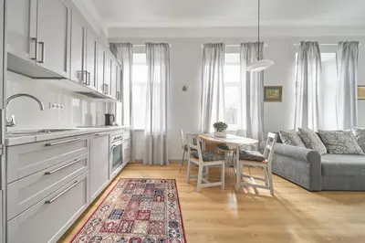 a kitchen and living room with a couch and a table at Cute&Light Apartment, Vilnius City Centre in Vilnius
