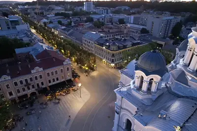 an aerial view of a city at night at Old Town - Bajor Studios 2 - Self Check-in and Parking in Kaunas