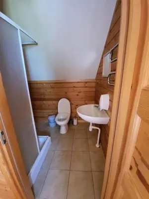 a small bathroom with a toilet and a sink at Vytauto kaimas - Didelis namas in Aukštadvaris