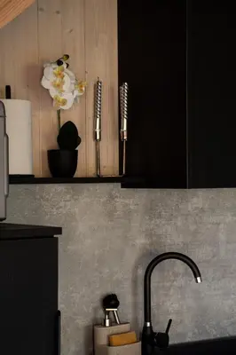 a kitchen counter with a sink and a flower on a shelf at Sodyba Divaiva in Anykščiai