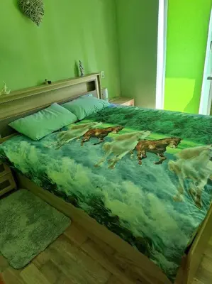 a bedroom with a bed with horses on it at Nakvynė ir poilsis Zarasų mieste visai šeimai in Zarasai
