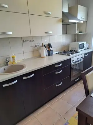a kitchen with a sink and a stove at Nakvynė ir poilsis Zarasų mieste visai šeimai in Zarasai
