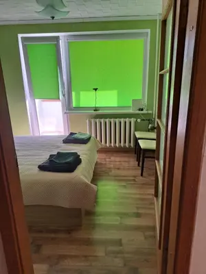 two beds in a room with green walls and two windows at Nakvynė ir poilsis Zarasų mieste visai šeimai in Zarasai