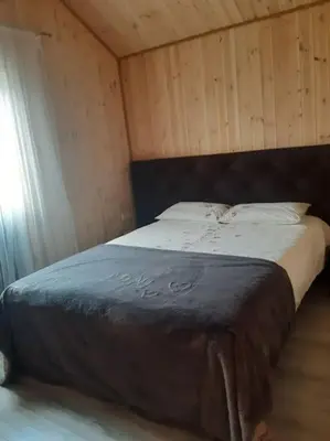 a bed in a room with a wooden wall at MiNi homes in Piniava