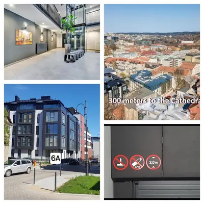 a collage of pictures of buildings and signs at HaPPy Inn Exclusive studio, Self check in, Parking in Vilnius