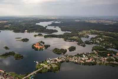 an aerial view of a group of islands in a lake at Small House in Trakai Oldtown 1-6 sleeping places in Trakai