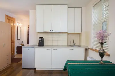 a kitchen with white cabinets and a vase on a table at Small House in Trakai Oldtown 1-6 sleeping places in Trakai