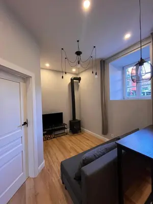 a living room with a couch and a chandelier at Bastion Apartment Old Town in Vilnius