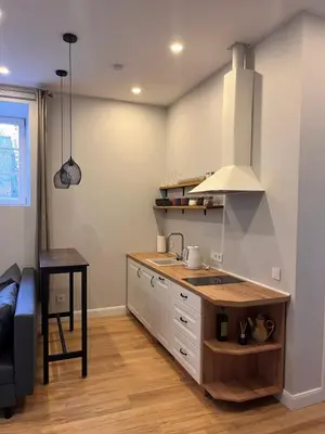 a kitchen with a sink and a stove at Bastion Apartment Old Town in Vilnius