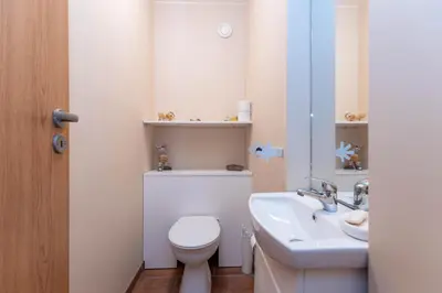 a white bathroom with a toilet and a sink at Margirio namas in Birštonas
