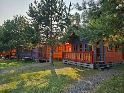 a colorful cabin with a tree in front of it at Vilos NEMUNO SLĖNIS namukai in Birštonas