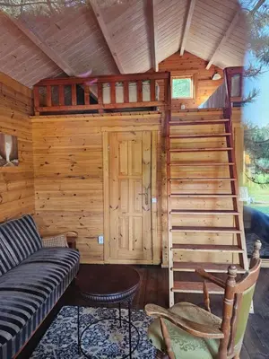a large wooden cabin with a couch and a porch at Vilos NEMUNO SLĖNIS namukai in Birštonas