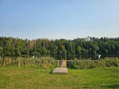 a wooden bridge over a body of water at Vilos NEMUNO SLĖNIS namukai in Birštonas